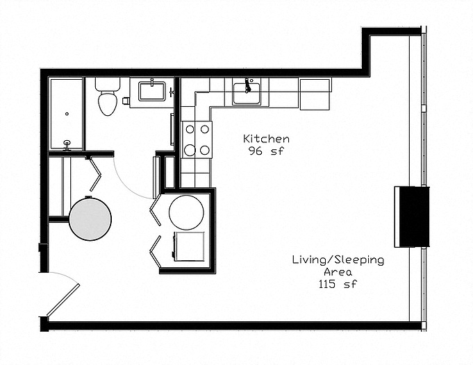 Floor plan for studio, 1 bath, 611 sqft